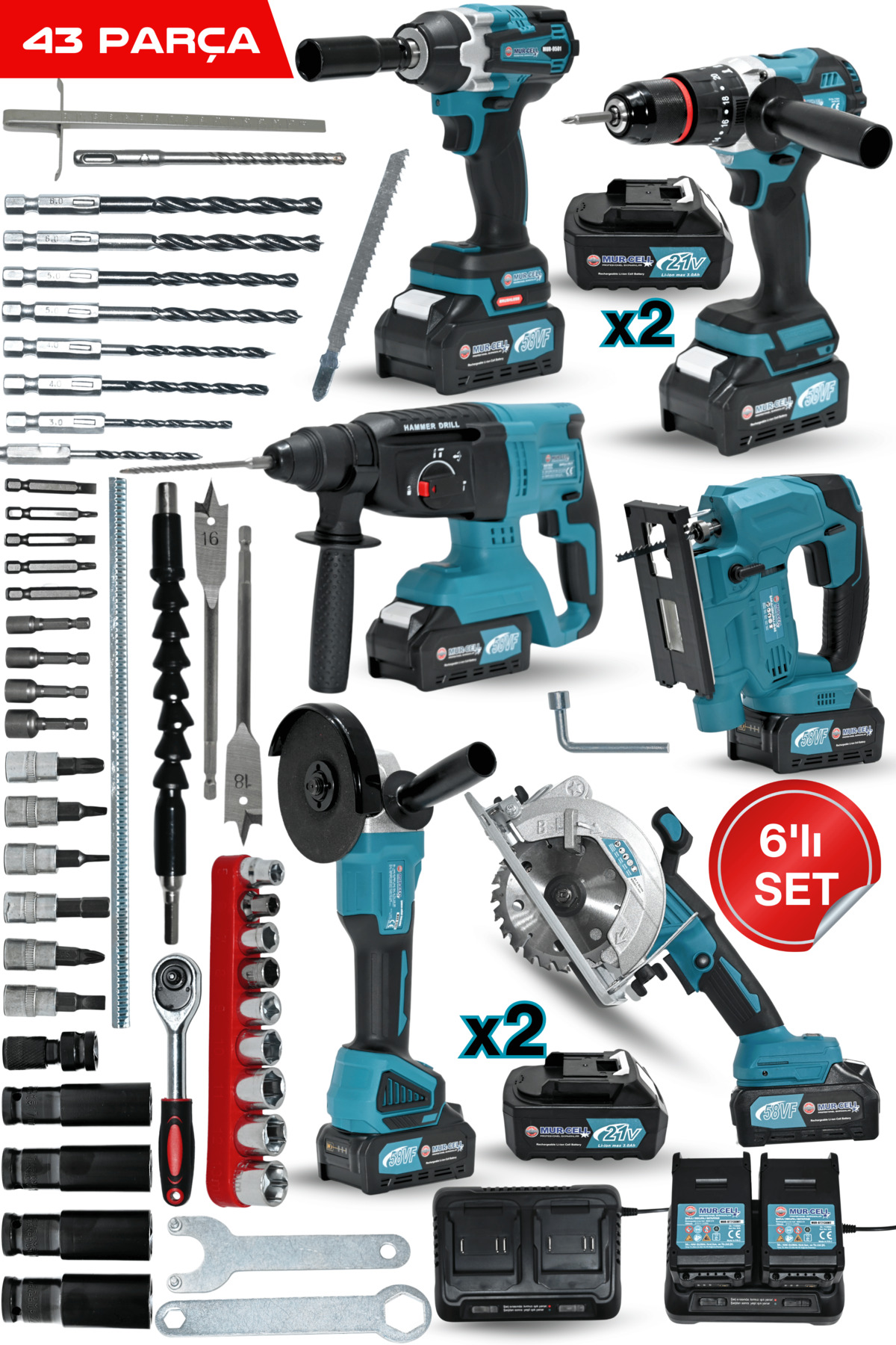 ŞARJLI 6'LI SET HİLTİ-MATKAP-SOMUN SÖKME-KÖŞE TAŞLAMA-DAİRE TESTERE-DEKUPAJ